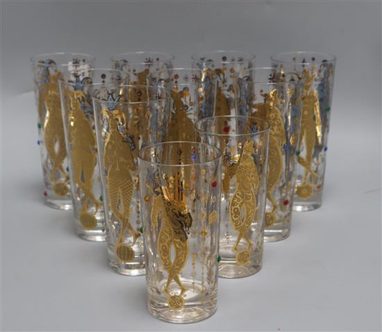 Ten Culver gilt / jewelled Mardi Gras harlequin glasses